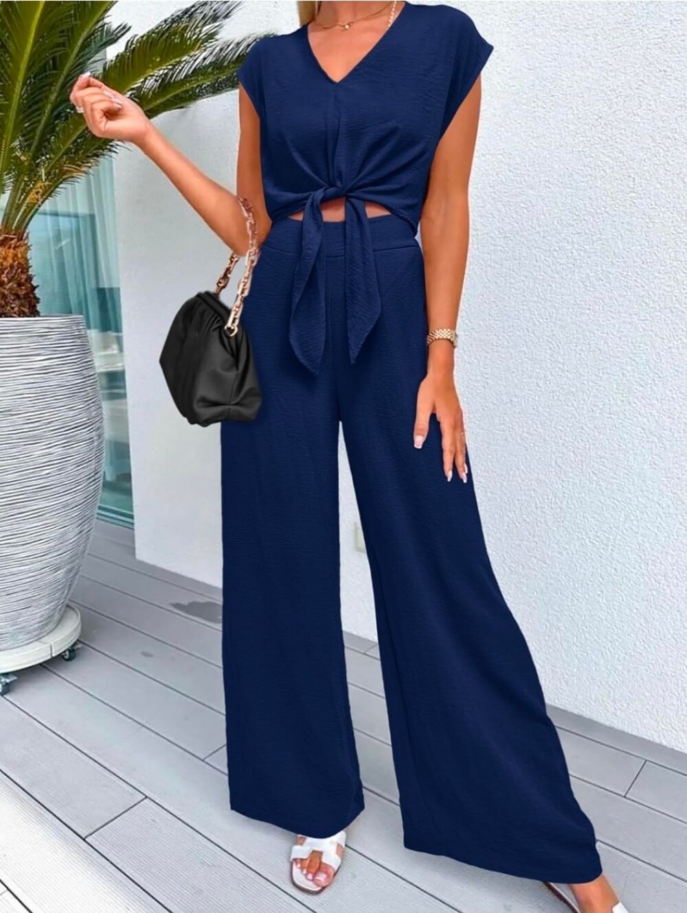 2026 New Women’s Wide-Leg 2 Piece Set in Navy Blue